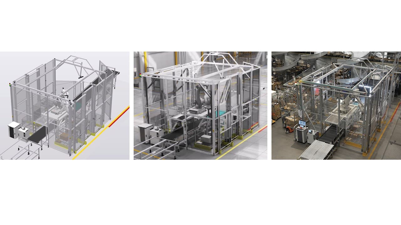 Vergleich zwischen der klassischen RobotStudio Simulation und dem neuen RobotStudio HyperReality von ABB Robotics sowie einer realen Aufnahme derselben Roboterzelle.