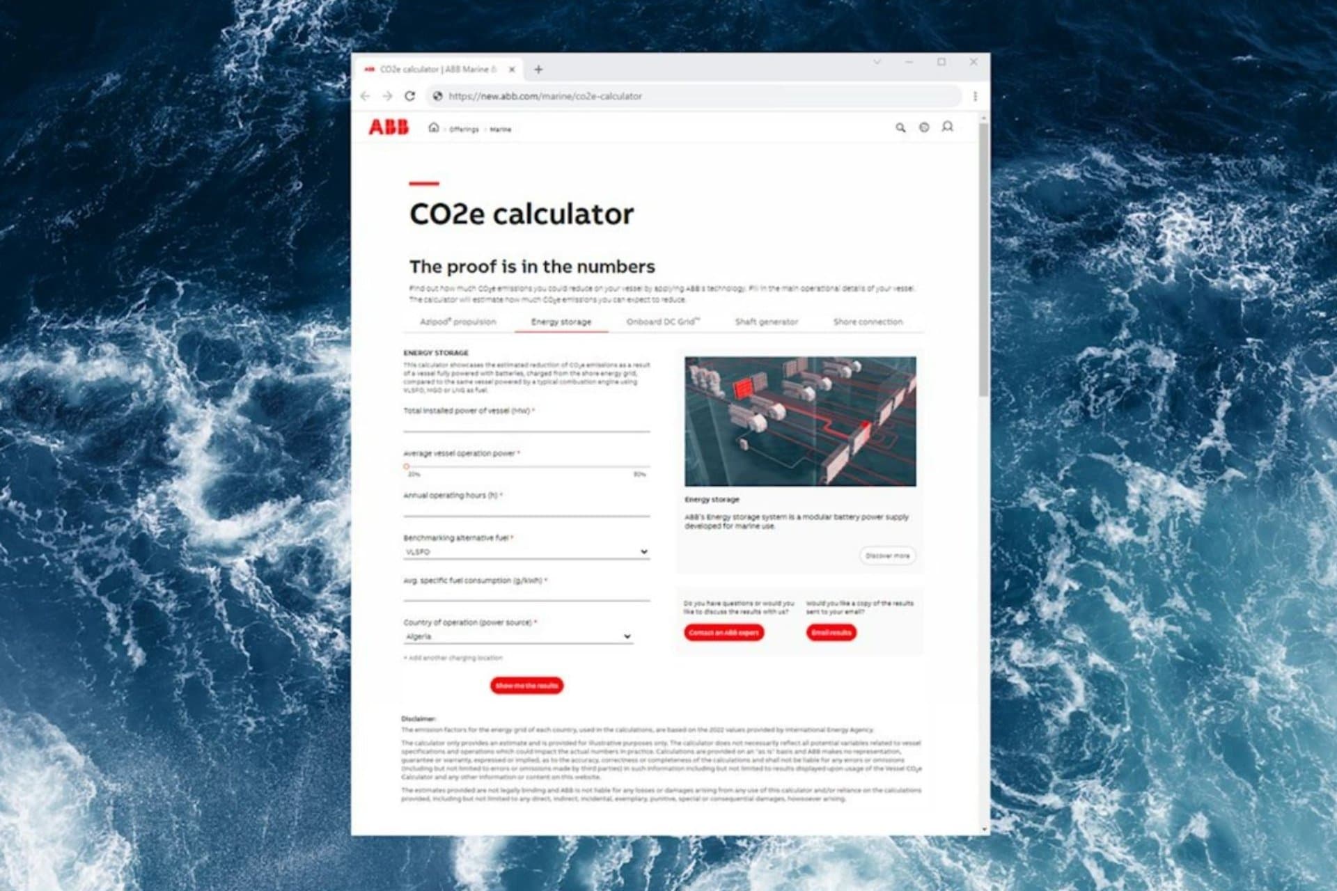 Screenshot des Emissionsrechners von ABB der den CO2 Ausstoß der Schifffahrt berechnen kann.