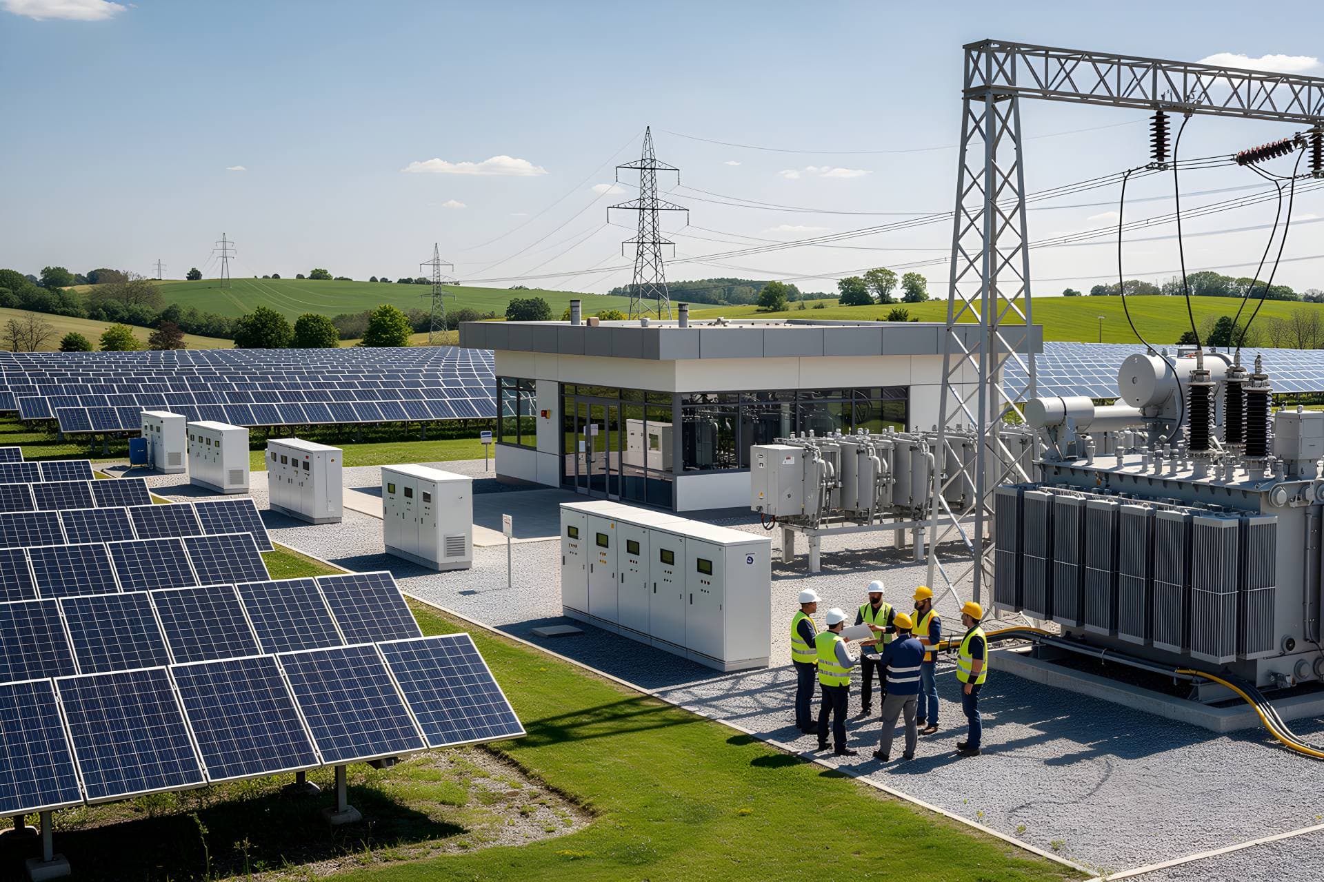 Symbolbild zum Thema elektrische Infrastruktur: Aufnahe eines Umspanwerks mit Solarpanelen und einer Gruppe von Menschen in Bauhelmen und Warnwesten bei der Begutachtung.