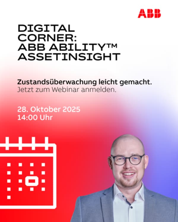 Stephan Boy, Digital Sales Manager bei ABB auf einer Grafik, die das Webinar Warten auf den Ausfall? Nie wieder mit ABB Ability AssetInsight!“ am 28. Oktober 2025 um 14:00 Uhr bewirbt.