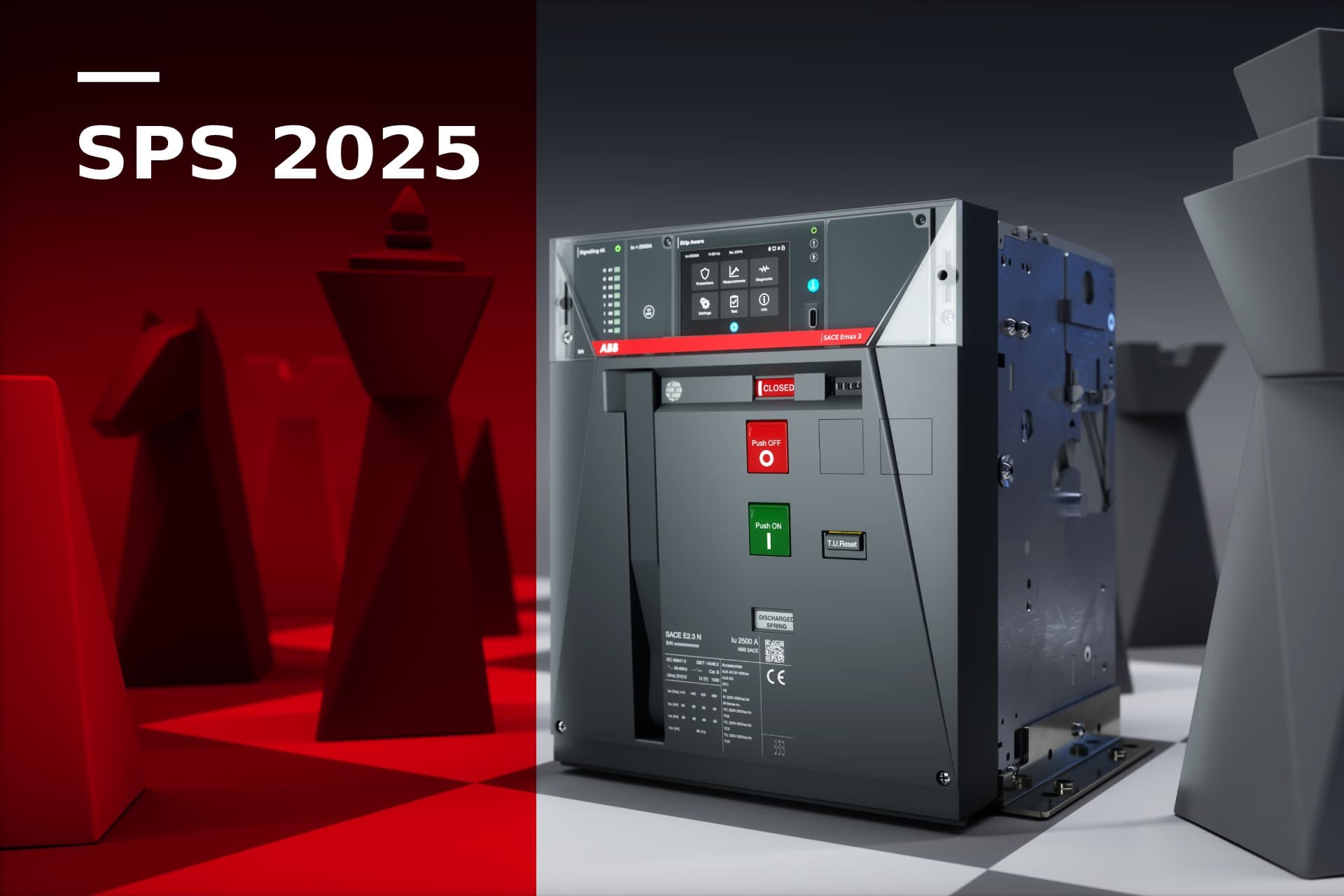 Der Leistungsschutzschalter ABB SACE Emax 3 auf einer werblichen Schachbrettgrafik mit einem Hinweis auf die SPS 2025, wo er zu sehen sein wird.
