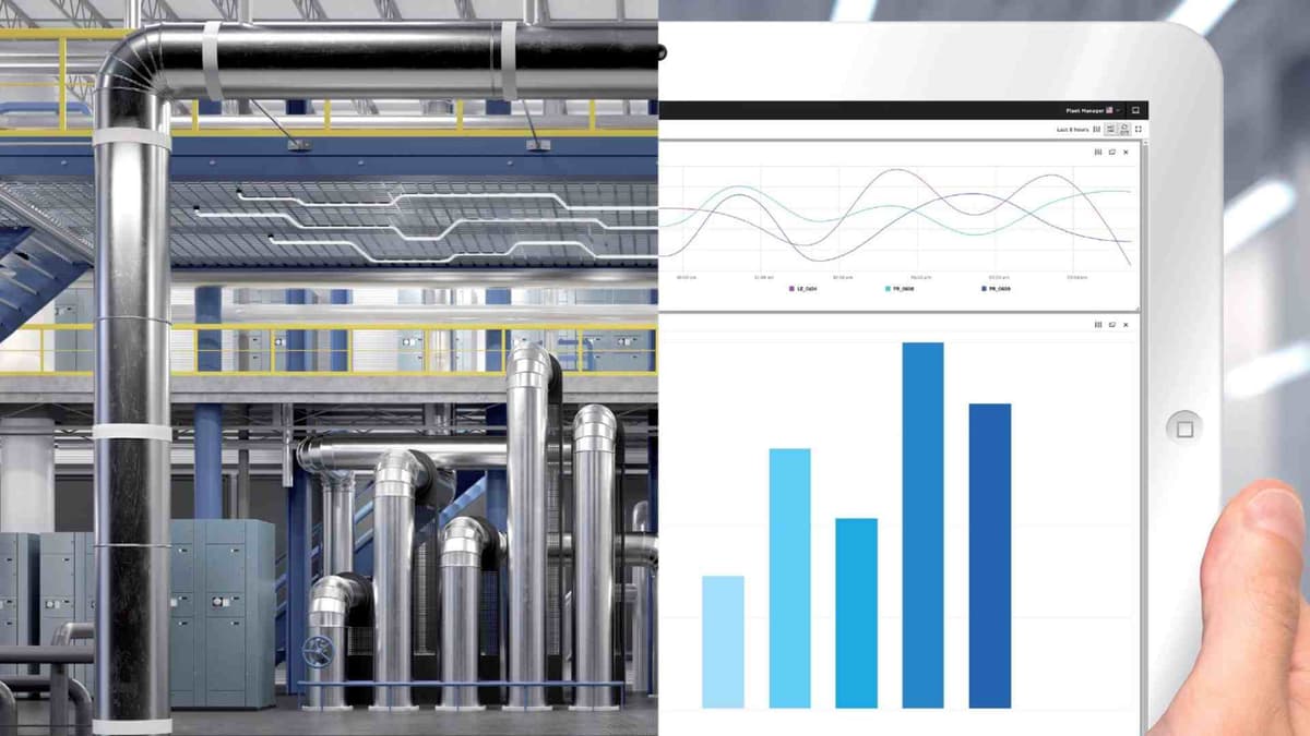 Grafik, die das Zusammenspiel einer Industrieanlage mit einem digitalem Zwilling veranschaulicht.