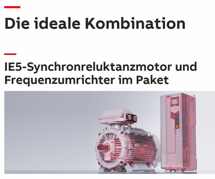 Bildschirmaufnahme einer Website, in die verschiedenen Synchronreluktanzmotoren und die dazu passenden Frequenzumrichter von ABB präsentiert werden.
