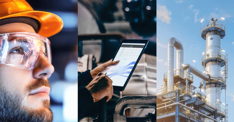 Collage aus Industrieumgebung: ein Arbeiter mit Schutzhelm und Schutzbrille, eine Hand mit Tablet zur Anlagenüberwachung und eine moderne Industrieanlage mit Rohrleitungen und Türmen.